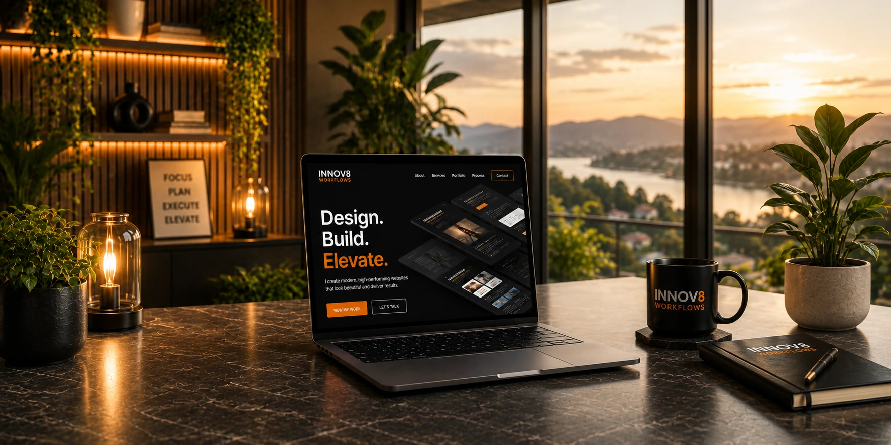 A modern Apex Design Studio website shown on a laptop in a home office at sunset